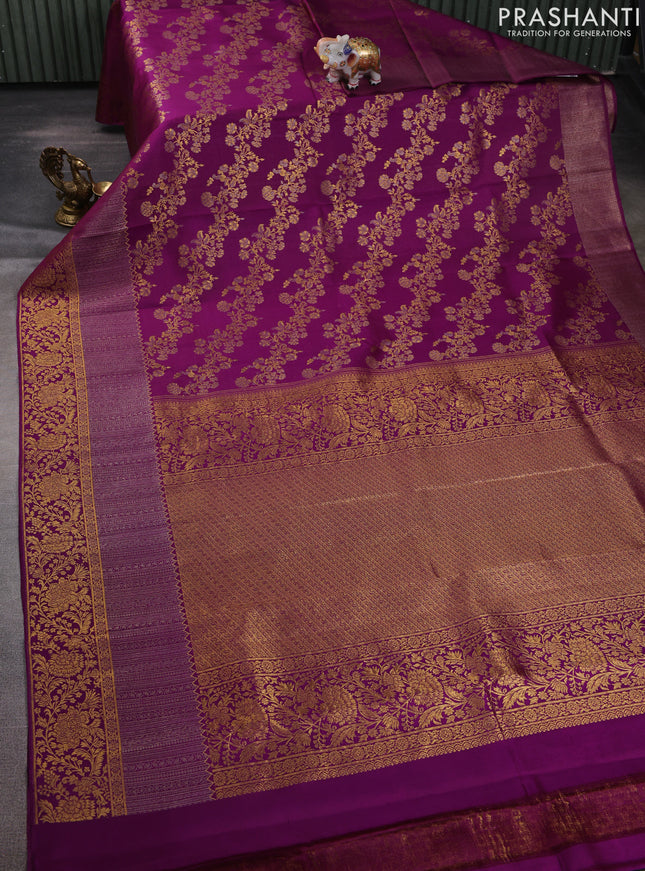 Pure kanchipuram silk saree purple with allover zari woven brocade weaves and long zari woven floral border