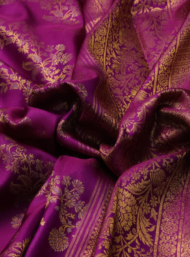Pure kanchipuram silk saree purple with allover zari woven brocade weaves and long zari woven floral border