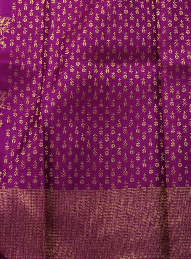 Pure kanchipuram silk saree purple with allover zari woven brocade weaves and long zari woven floral border