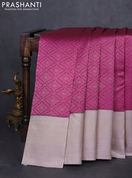 Pure kanchipuram silk saree purple and grey with allover zari woven brocade weaves and rich banarasi style border