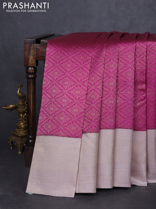 Pure kanchipuram silk saree purple and grey with allover zari woven brocade weaves and rich banarasi style border