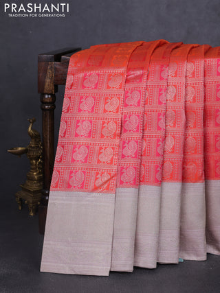 Pure kanchipuram silk saree orange and grey with allover zari woven annam brocade weaves and rich banarasi style border