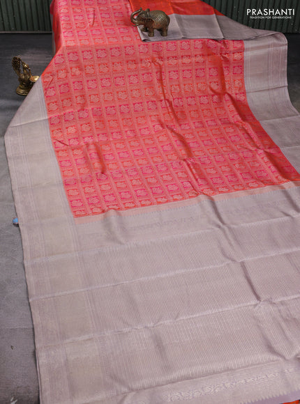Pure kanchipuram silk saree orange and grey with allover zari woven annam brocade weaves and rich banarasi style border