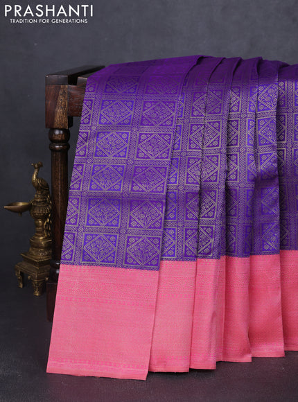 Pure kanchipuram silk saree violet and peach pink with allover zari woven brocade weaves and rich banarasi style border