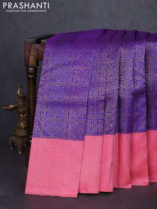 Pure kanchipuram silk saree violet and peach pink with allover zari woven brocade weaves and rich banarasi style border