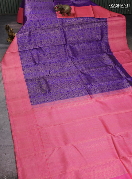 Pure kanchipuram silk saree violet and peach pink with allover zari woven brocade weaves and rich banarasi style border