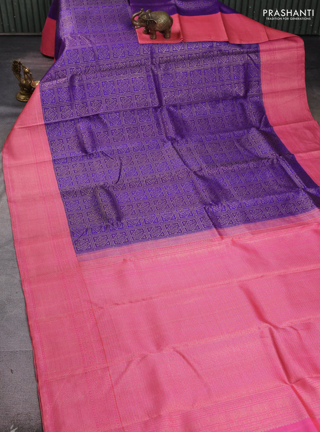 Pure kanchipuram silk saree violet and peach pink with allover zari woven brocade weaves and rich banarasi style border