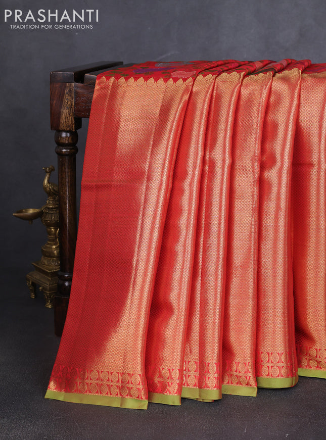 Pure kanchipuram silk saree red and  with allover mina weaves and long zari woven border