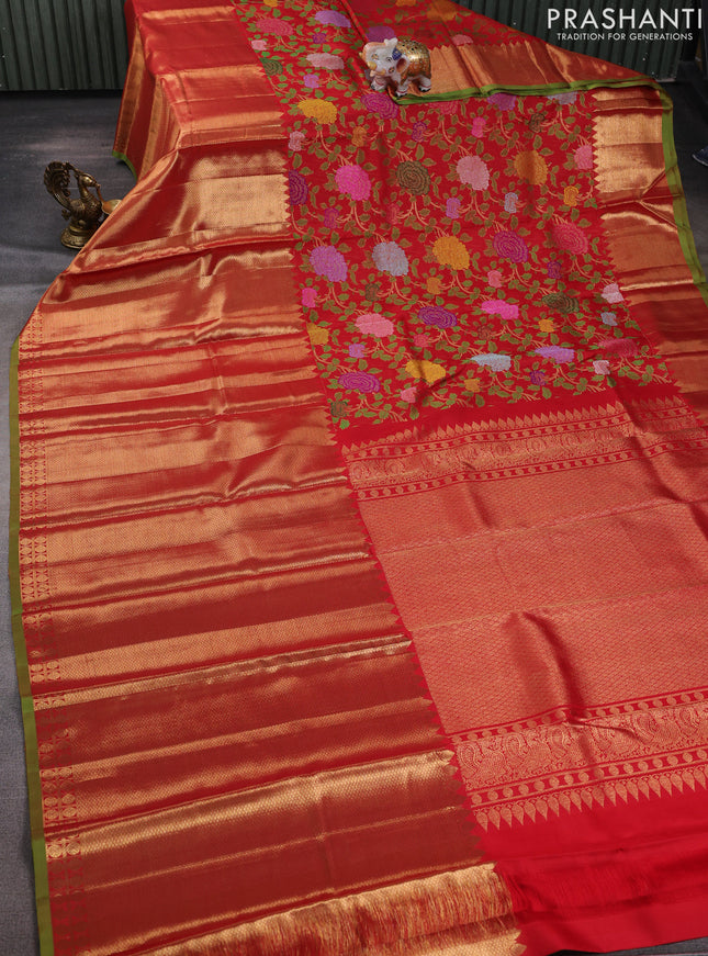Pure kanchipuram silk saree red and  with allover mina weaves and long zari woven border