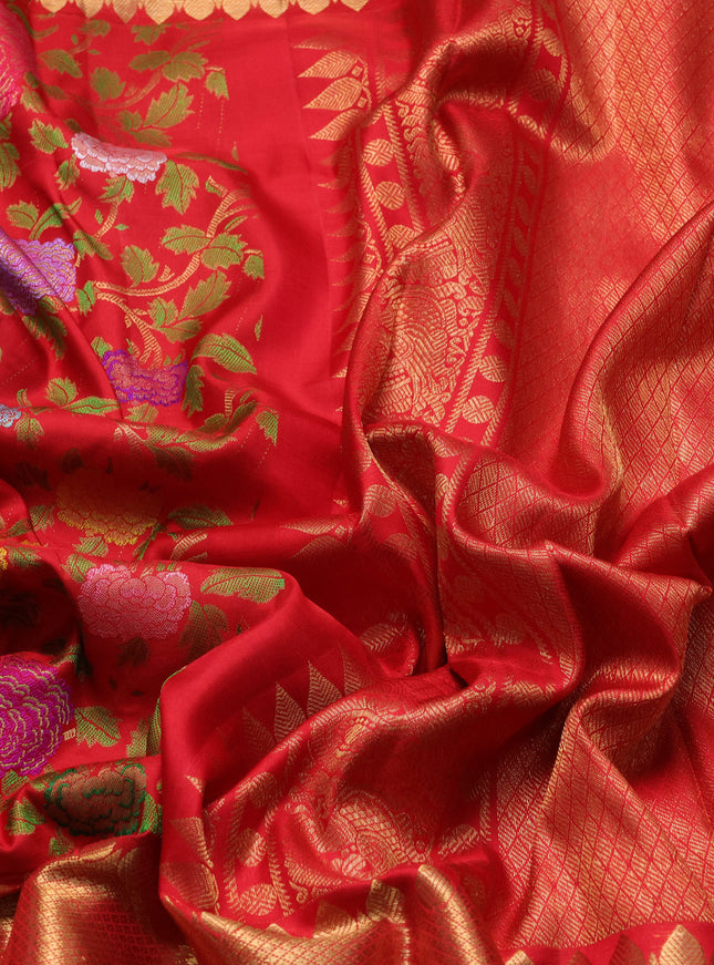 Pure kanchipuram silk saree red and  with allover mina weaves and long zari woven border