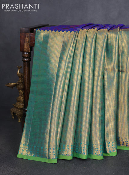 Pure kanchipuram silk saree blue and green with allover mina weaves and long zari woven border
