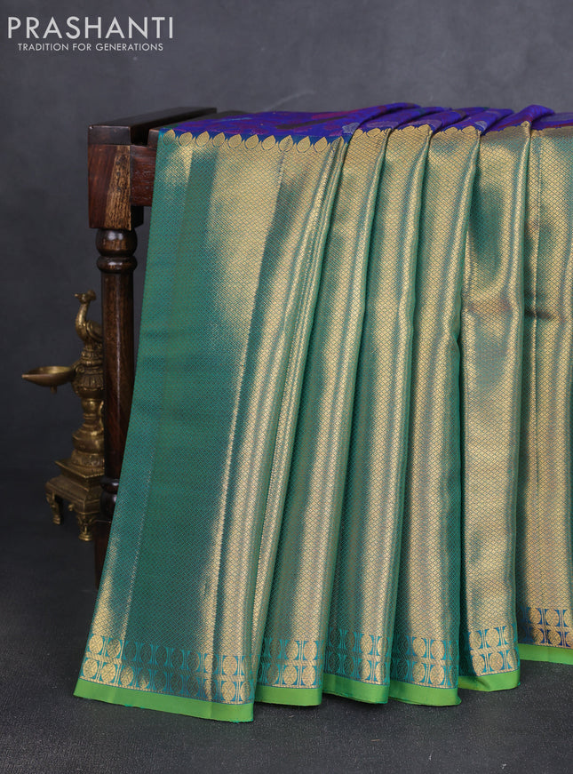 Pure kanchipuram silk saree blue and green with allover mina weaves and long zari woven border