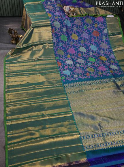Pure kanchipuram silk saree blue and green with allover mina weaves and long zari woven border