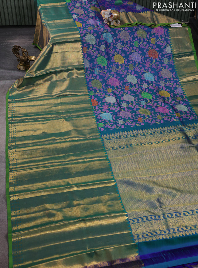 Pure kanchipuram silk saree blue and green with allover mina weaves and long zari woven border