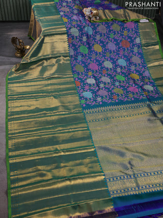 Pure kanchipuram silk saree blue and green with allover mina weaves and long zari woven border