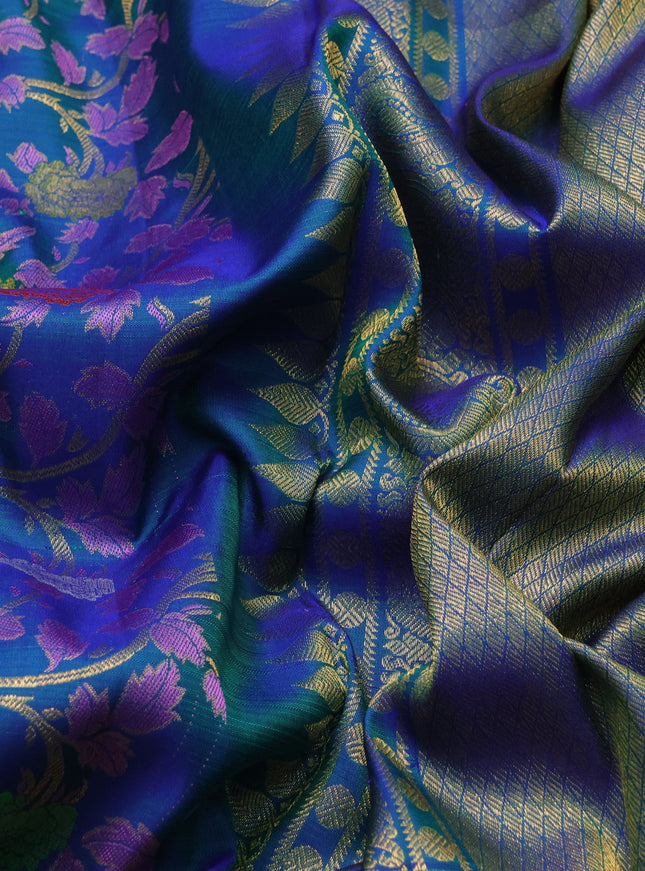 Pure kanchipuram silk saree blue and green with allover mina weaves and long zari woven border