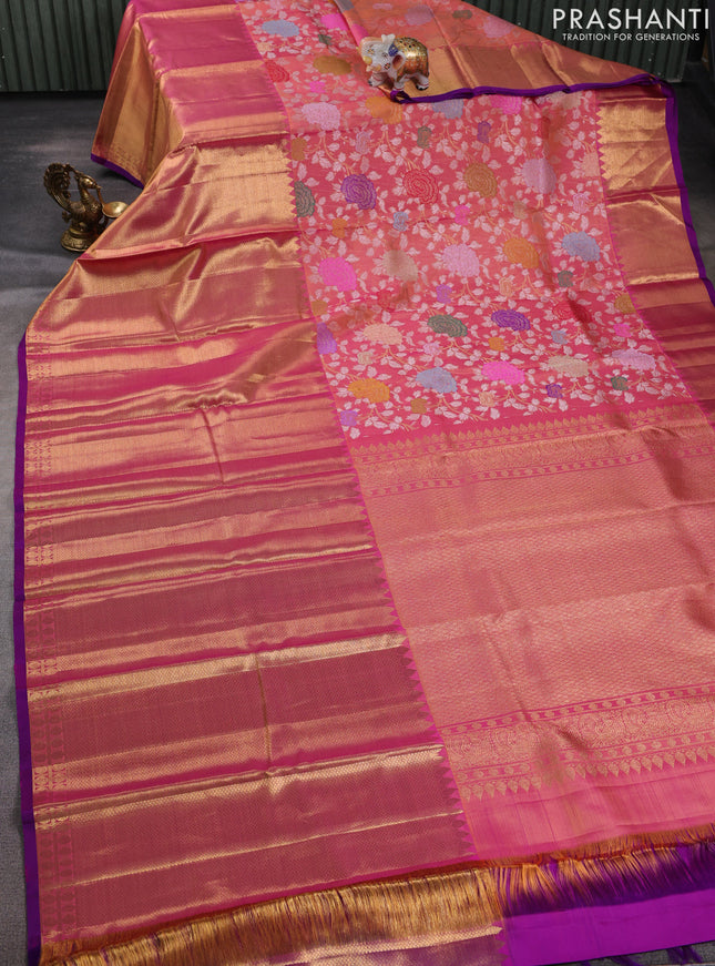 Pure kanchipuram silk saree peach shade with allover mina weaves and long zari woven border