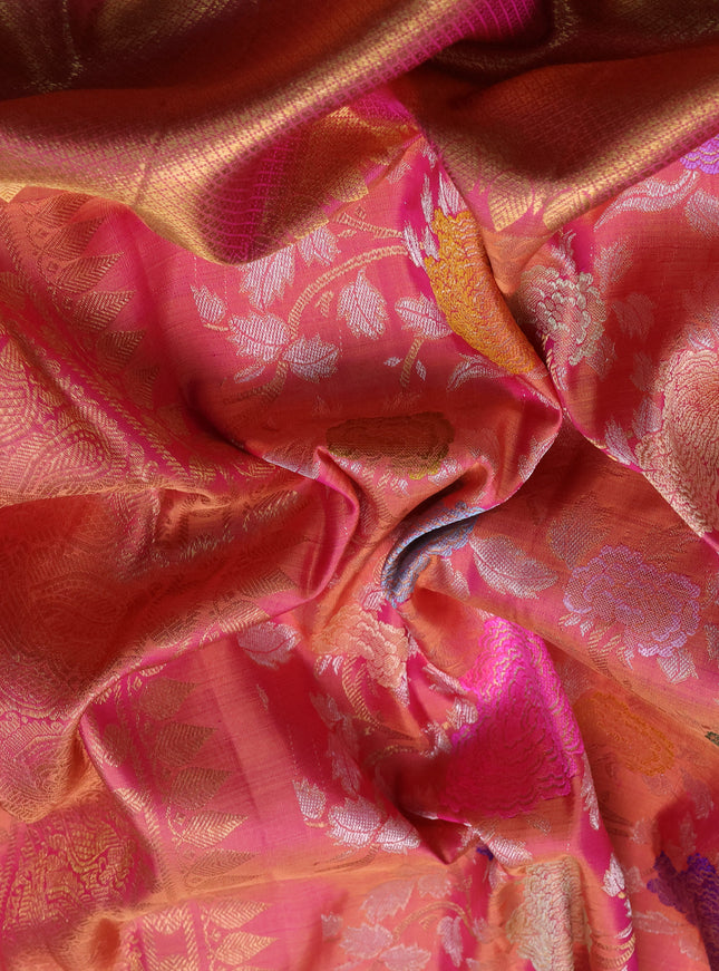 Pure kanchipuram silk saree peach shade with allover mina weaves and long zari woven border