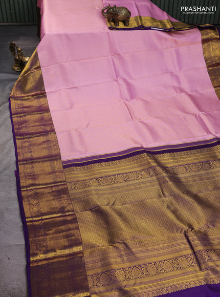 Pure kanchipuram silk saree lotus pink and deep violet with allover zari woven brocade weaves and long rich zari woven border