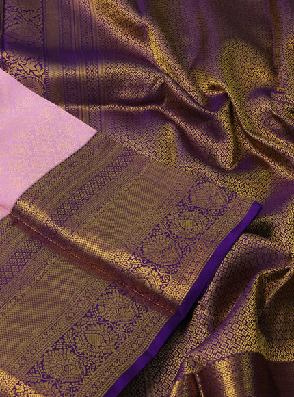 Pure kanchipuram silk saree lotus pink and deep violet with allover zari woven brocade weaves and long rich zari woven border