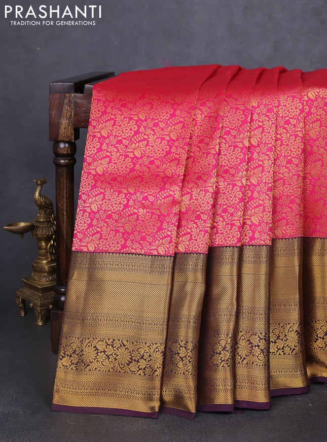 Pure kanchipuram silk saree reddish pink and wine shade with allover zari woven brocade weaves and long rich zari woven border