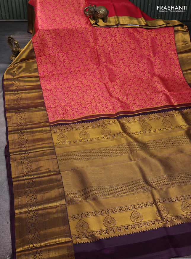 Pure kanchipuram silk saree reddish pink and wine shade with allover zari woven brocade weaves and long rich zari woven border