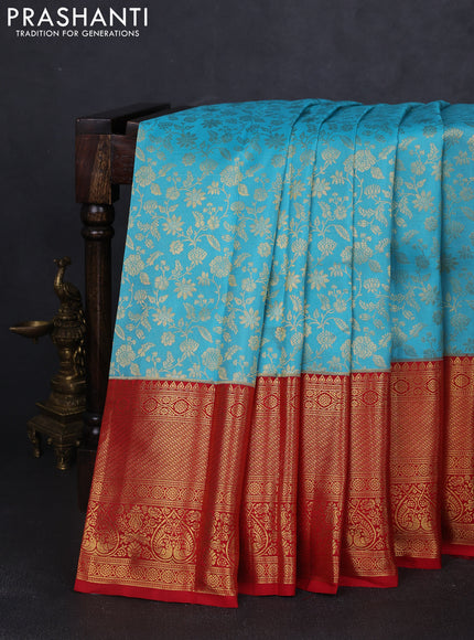 Pure kanchipuram silk saree light blue and red with allover zari woven brocade weaves and long rich zari woven border