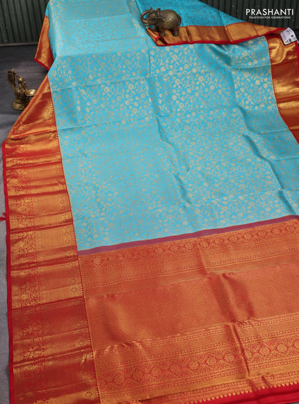 Pure kanchipuram silk saree light blue and red with allover zari woven brocade weaves and long rich zari woven border