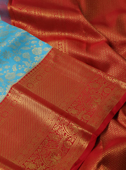 Pure kanchipuram silk saree light blue and red with allover zari woven brocade weaves and long rich zari woven border