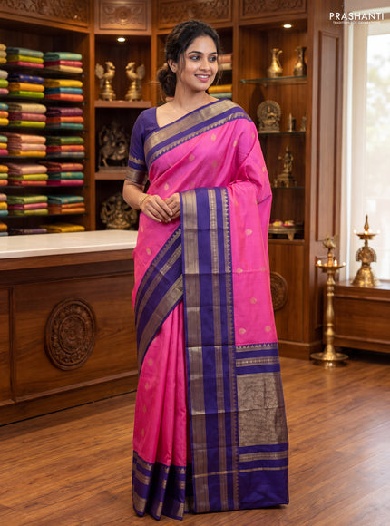 Pure kanchipuram silk saree pink and blue with zari woven buttas and long rettapet zari woven korvai border