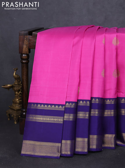 Pure kanchipuram silk saree pink and blue with zari woven buttas and long rettapet zari woven korvai border
