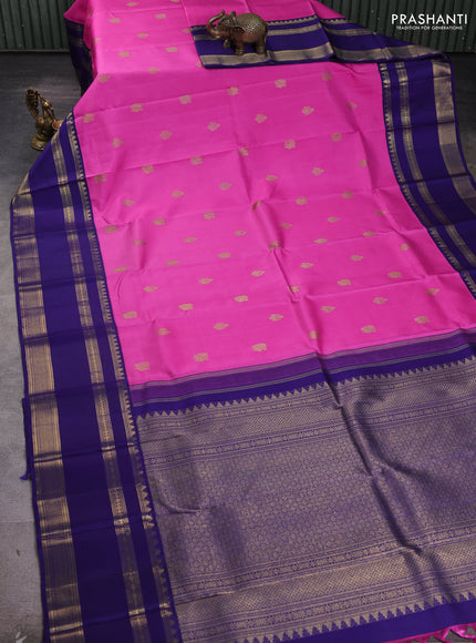 Pure kanchipuram silk saree pink and blue with zari woven buttas and long rettapet zari woven korvai border