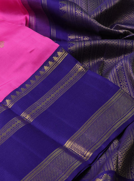 Pure kanchipuram silk saree pink and blue with zari woven buttas and long rettapet zari woven korvai border