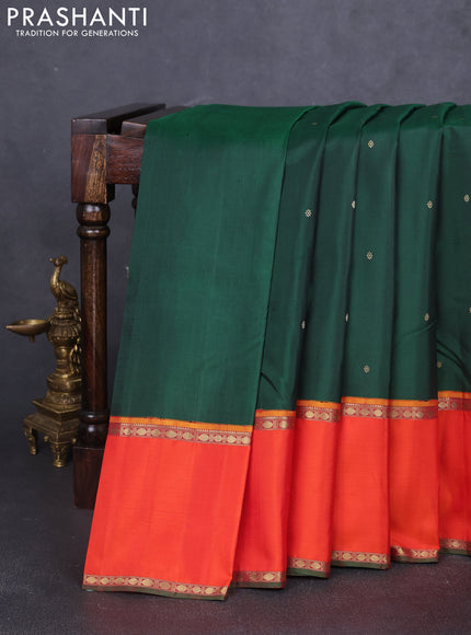 Pure kanchipuram silk saree bottle green and red orange with zari woven buttas and rettapet zari woven korvai border