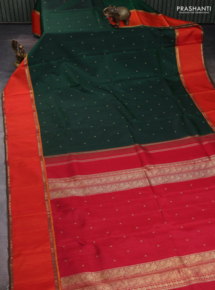 Pure kanchipuram silk saree bottle green and red orange with zari woven buttas and rettapet zari woven korvai border