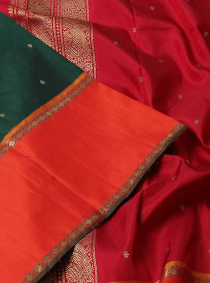 Pure kanchipuram silk saree bottle green and red orange with zari woven buttas and rettapet zari woven korvai border