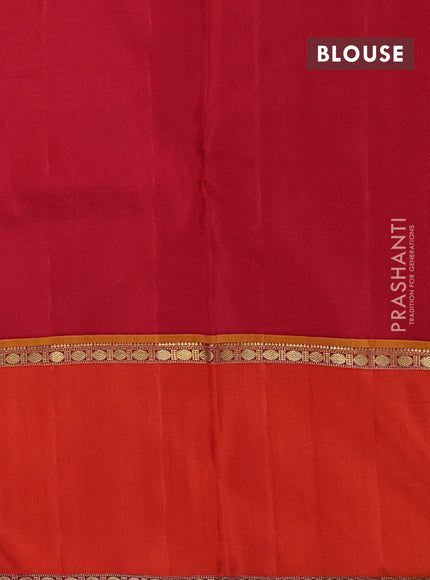 Pure kanchipuram silk saree bottle green and red orange with zari woven buttas and rettapet zari woven korvai border