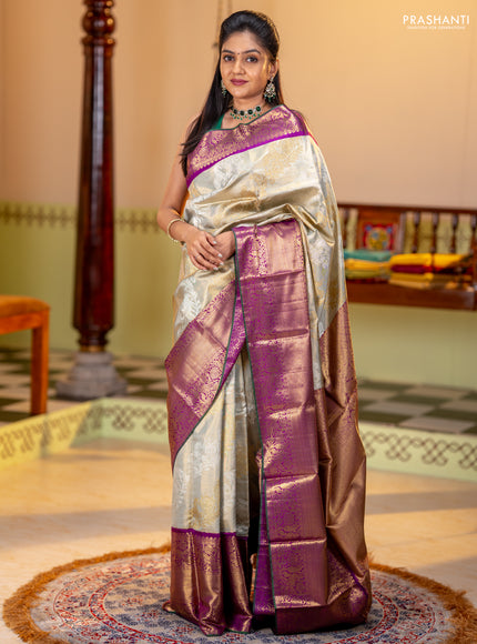 Pure tissue kanchipuram silk saree elaichi green and purple with allover silver & gold zari leheriya weaves and long rich zari woven korvai border