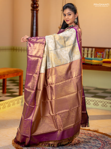 Pure tissue kanchipuram silk saree elaichi green and purple with allover silver & gold zari leheriya weaves and long rich zari woven korvai border