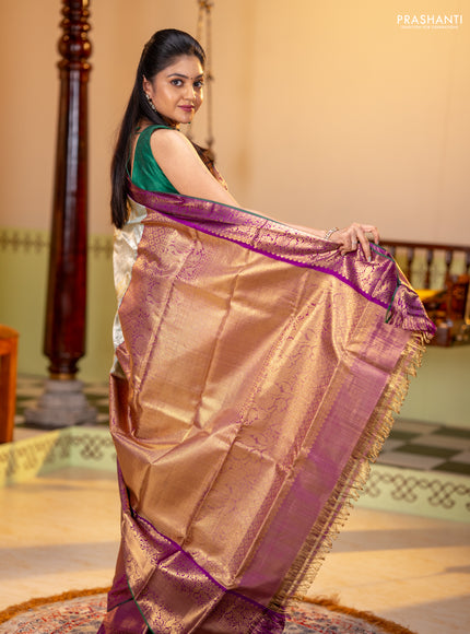 Pure tissue kanchipuram silk saree elaichi green and purple with allover silver & gold zari leheriya weaves and long rich zari woven korvai border
