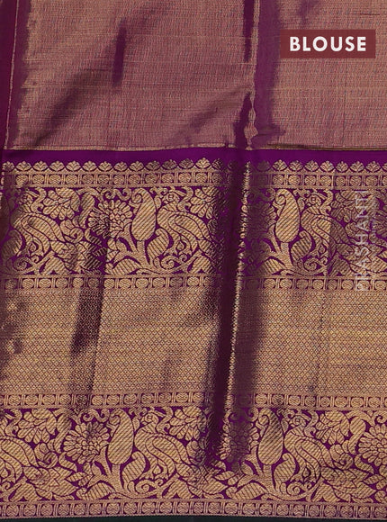Pure tissue kanchipuram silk saree elaichi green and purple with allover silver & gold zari leheriya weaves and long rich zari woven korvai border