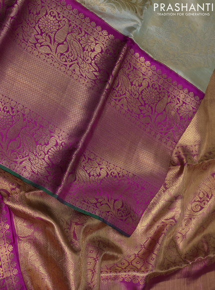 Pure tissue kanchipuram silk saree elaichi green and purple with allover silver & gold zari leheriya weaves and long rich zari woven korvai border