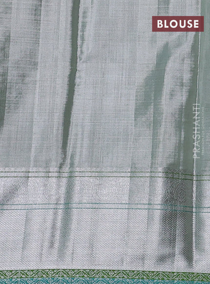 Pure tissue kanchipuram silk saree silver and green teal blue with allover zari woven peacock buttas and rich silver zari woven border