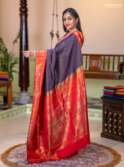 Pure kanchipuram silk saree deep purple and red with allover zari woven butta weaves and long zari woevn paithani style border