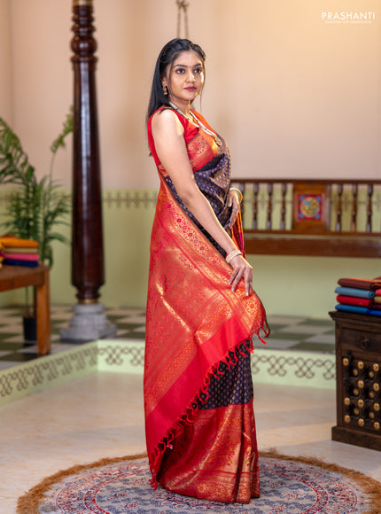 Pure kanchipuram silk saree deep purple and red with allover zari woven butta weaves and long zari woevn paithani style border