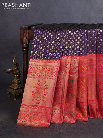 Pure kanchipuram silk saree deep purple and red with allover zari woven butta weaves and long zari woevn paithani style border
