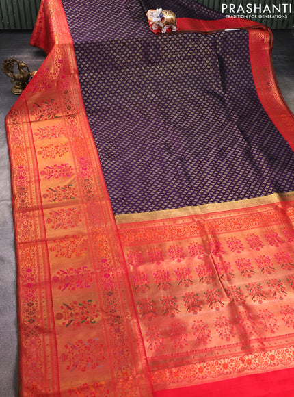 Pure kanchipuram silk saree deep purple and red with allover zari woven butta weaves and long zari woevn paithani style border
