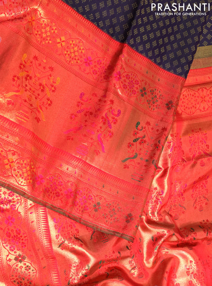 Pure kanchipuram silk saree deep purple and red with allover zari woven butta weaves and long zari woevn paithani style border