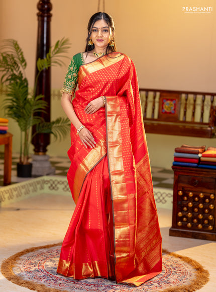 Pure kanchipuram silk saree red with allover zari weaves and rich zari woven border