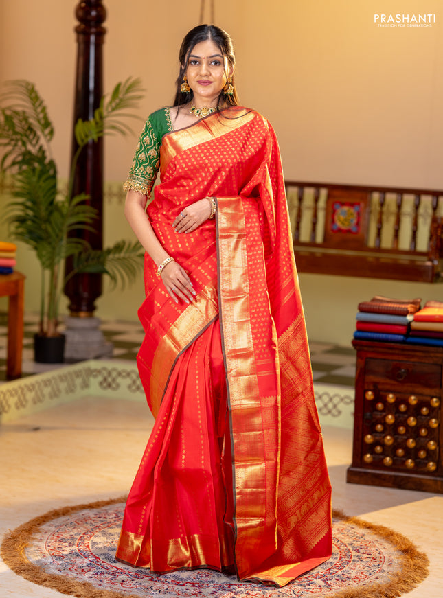 Pure kanchipuram silk saree red with allover zari weaves and rich zari woven border